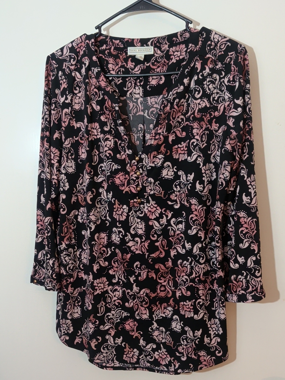 Dana Buchman Black Blouse with Pink Paisley Print